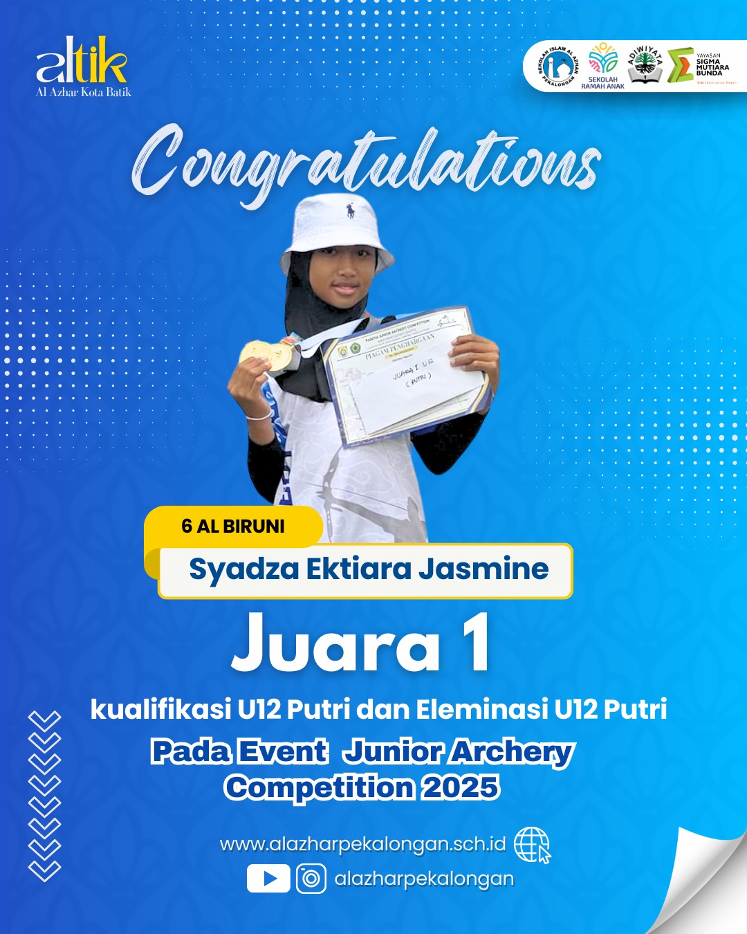 Juara 1 Kualifikasi U12 Putri dan Eleminasi U12 PutrinPada Event Junior Archery Competition