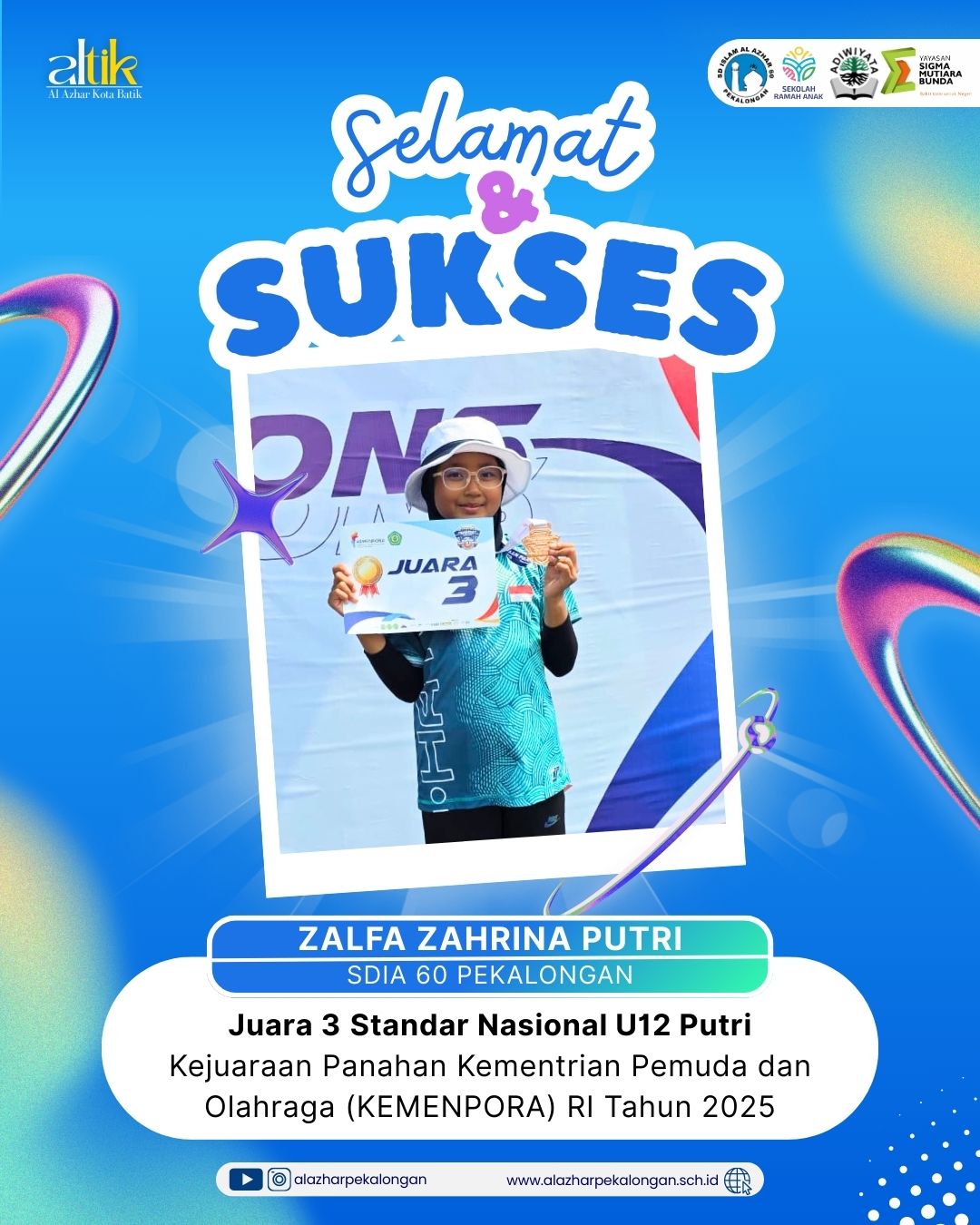 Juara 3 Standar Nasional U12 Putri Kejuaraan Panahan Kementrian Pemuda dan Olahraga (KEMENPORA) RI 2025