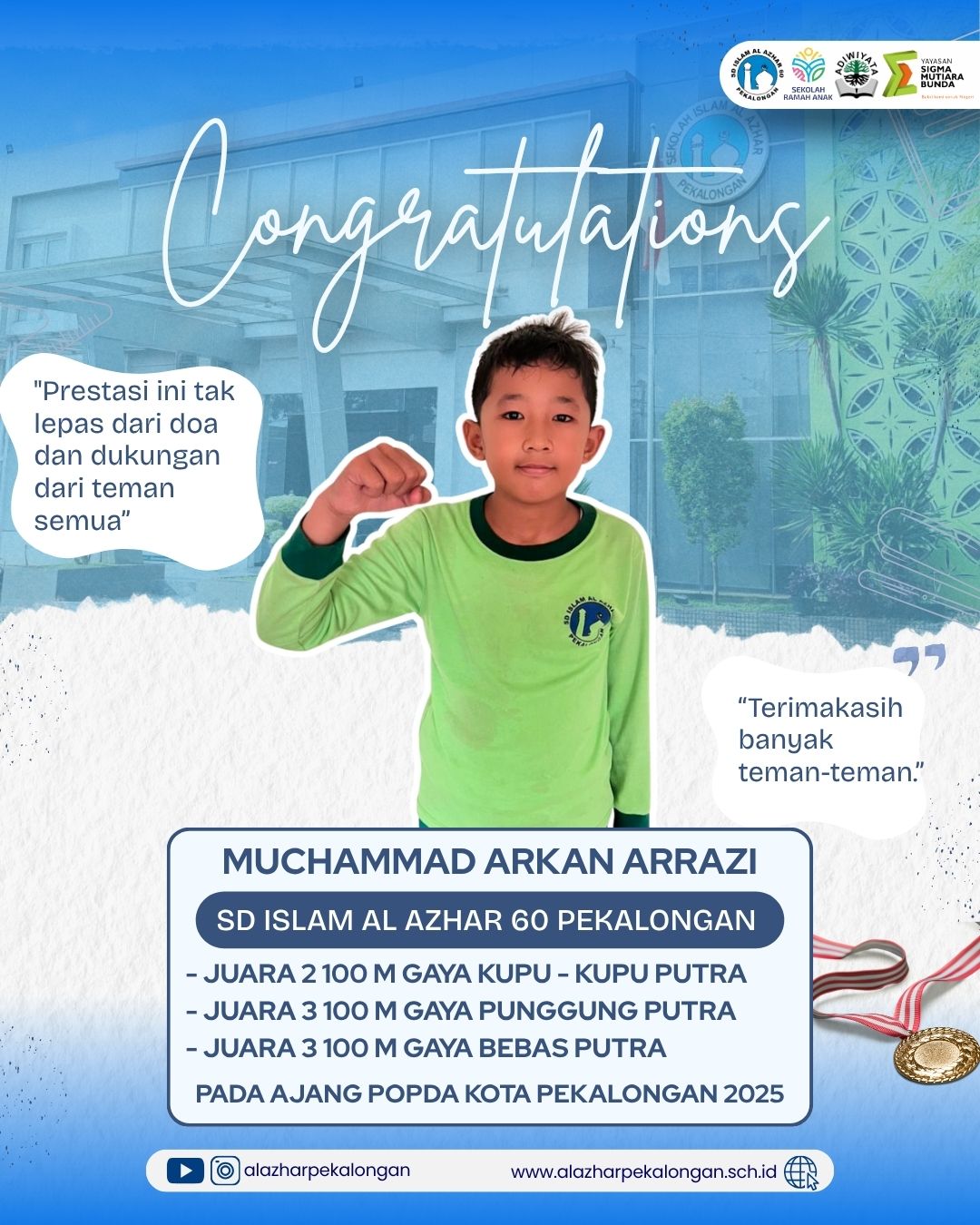 Juara 2 100 Meter Gaya Kupu-Kupu Putra, Juara 3 100 Meter Gaya Punggung Putra, Juara 3 100 Meter Gaya Bebas Putra POPDA 2025